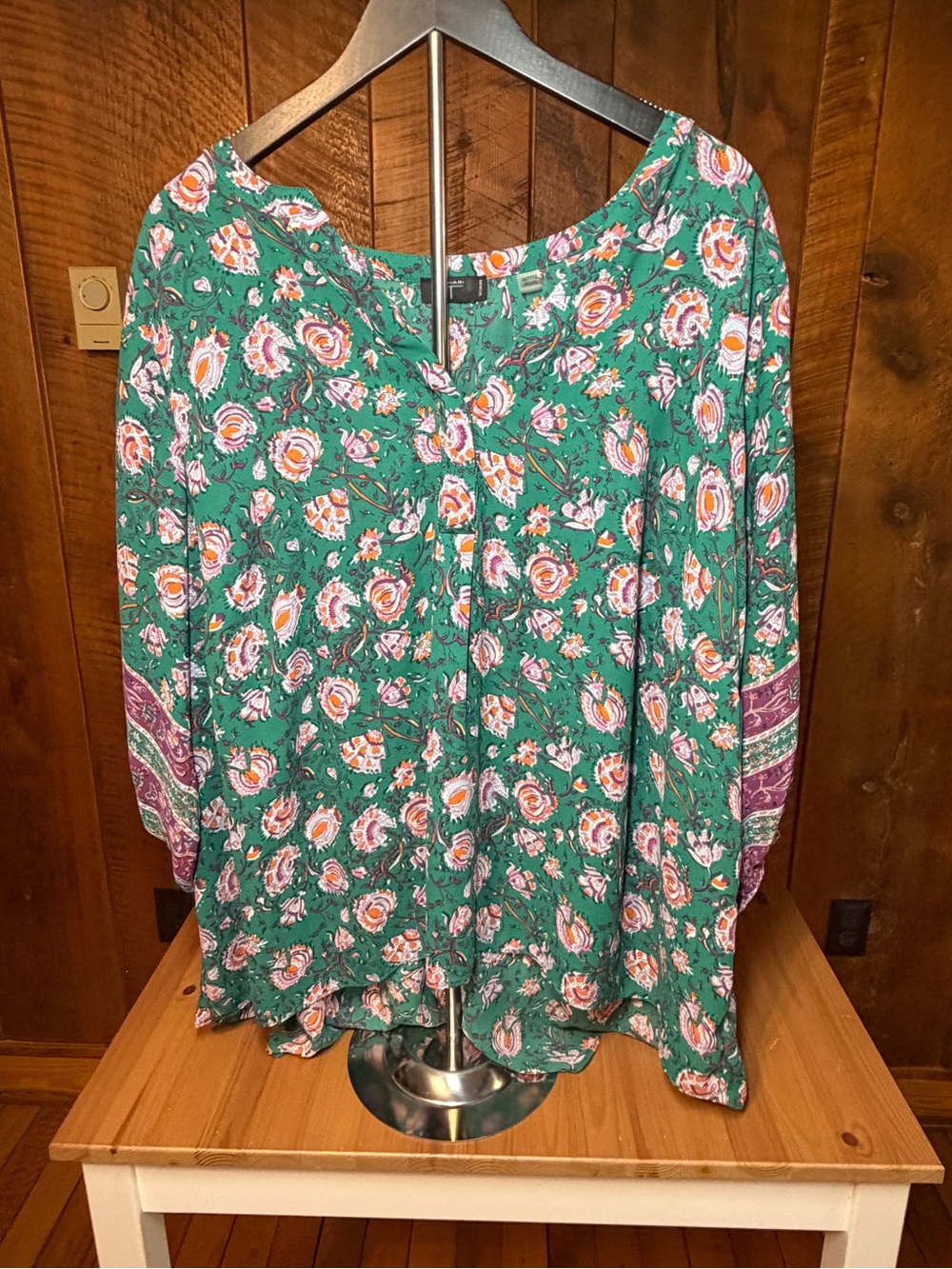Tahari Green Floral Split-Neck Tunic with Pink and Orange Accents